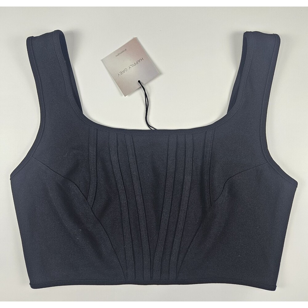 NWT Happily Grey Black Corset Style Cropped Tank Top Size Large Sleeveless